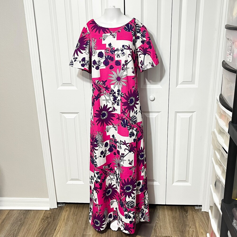 Vintage Made In Hawaii Dress Day Glow Large Pink Floral Maxi Shift Hawaiian 60s